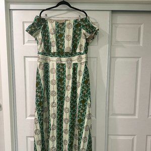 70s Abstract Green Gold Empire Waist Maxi Dress RARE length